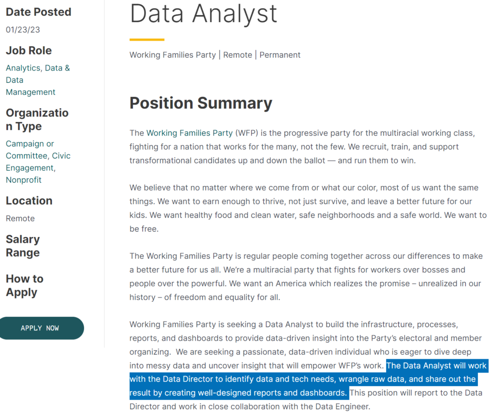 Screenshot of Data Analyst job in Environmental