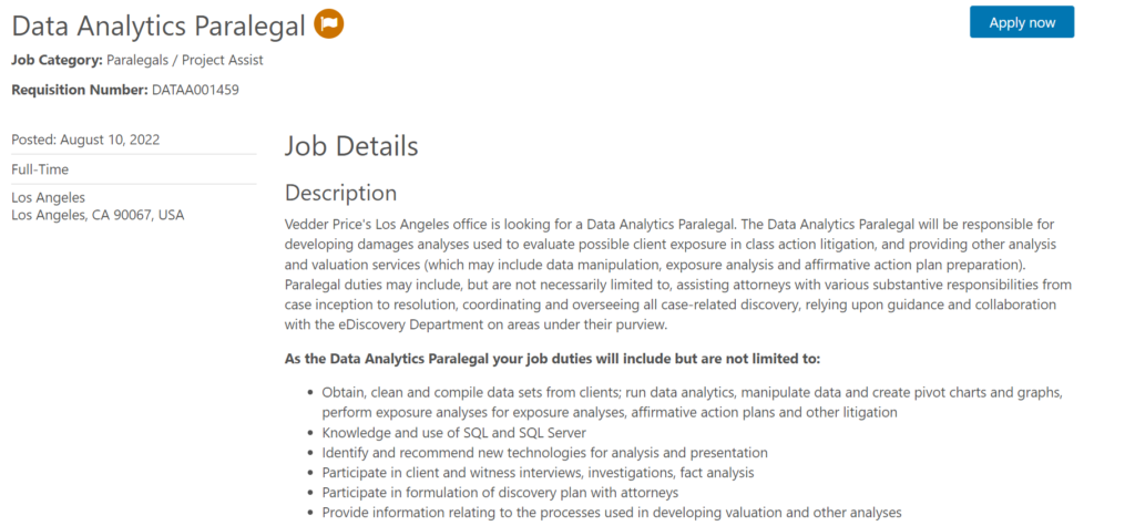 Screenshot of Data Analyst job in a law firm