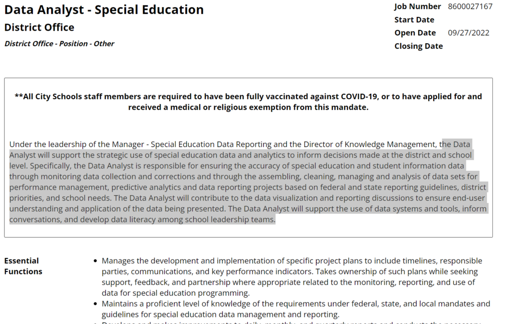 Screenshot of Data Analyst job in education